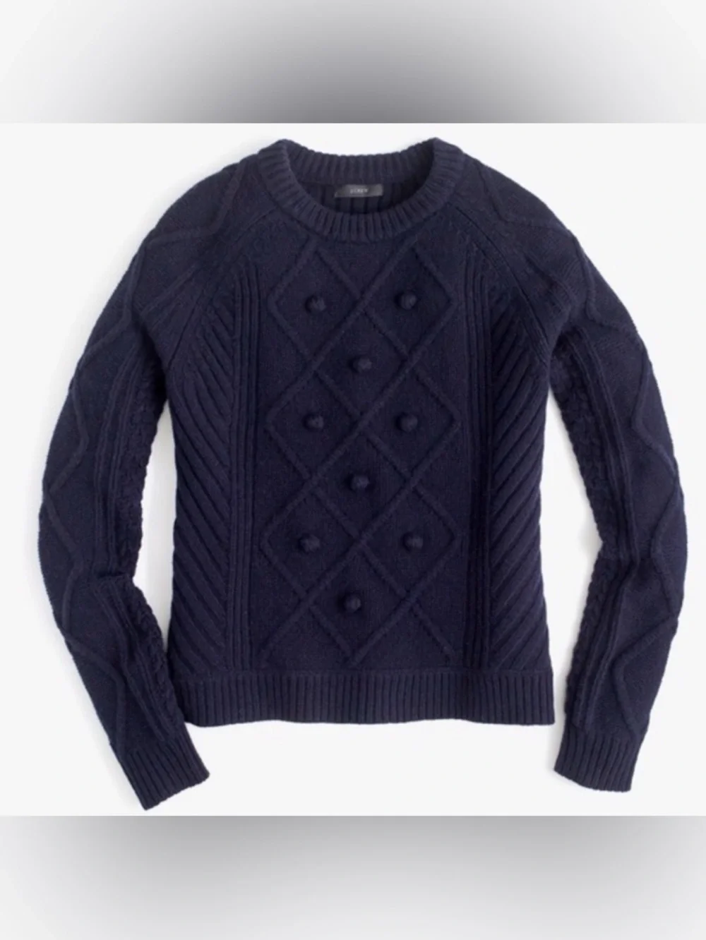 J. Crew Navy Cable Knit Sweater Pom Pom Textured Crewneck Size L
